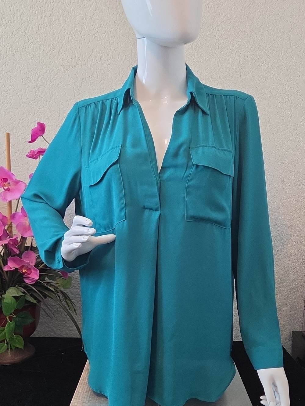 Ann Taylor Teal Long-Sleeve Collared Blouse